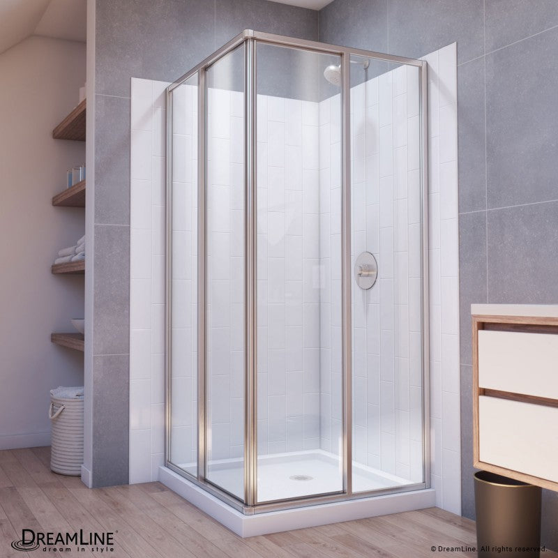 Cornerview Framed Corner Enclosure Center Sliding Shower Door Kit with Subway Style Wall and White Shower Base Pan