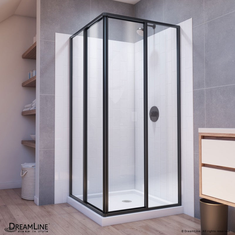 Cornerview Framed Corner Enclosure Center Sliding Shower Door Kit with Subway Style Wall and White Shower Base Pan