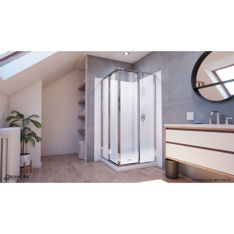 Cornerview Framed Corner Enclosure Center Sliding Shower Door Kit with Subway Style Wall and White Shower Base Pan