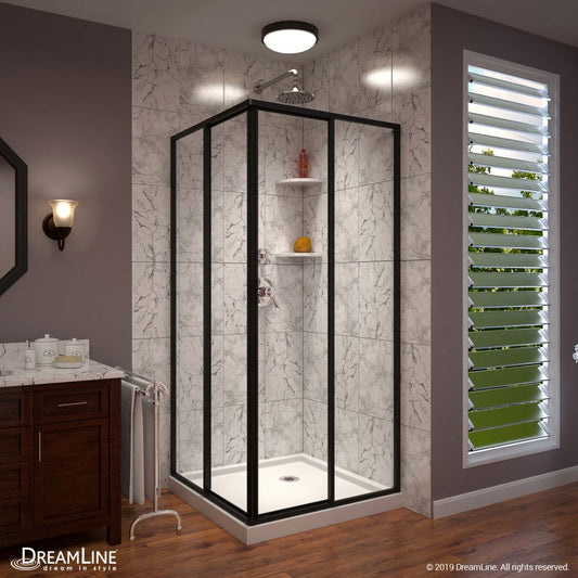 Cornerview Framed Corner Enclosure Center Sliding Shower Door Kit with White Shower Base Pan in Satin Black