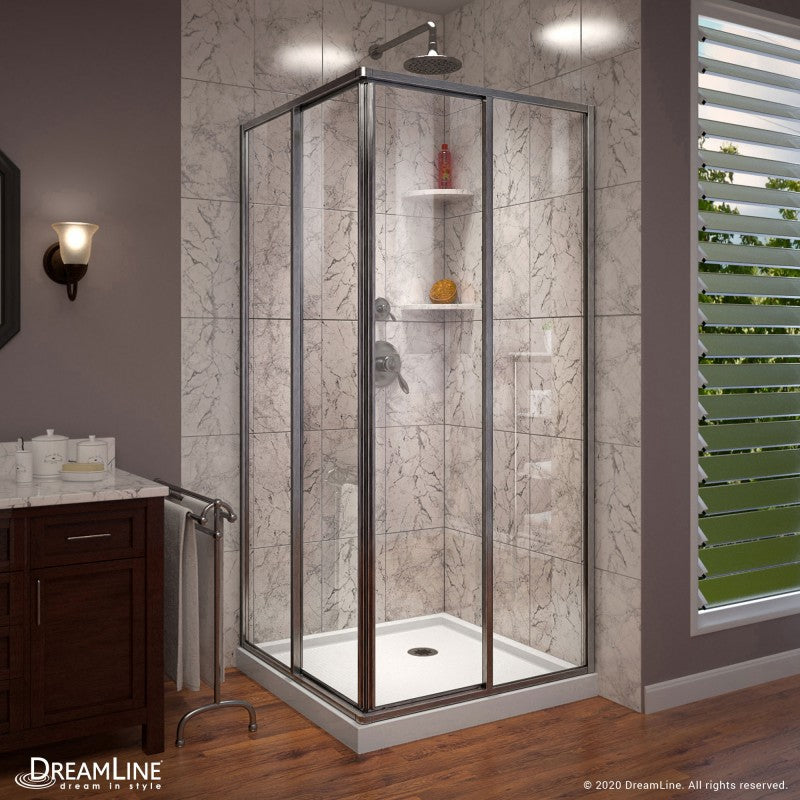 Cornerview Framed Corner Enclosure Center Sliding Shower Door Kit with White Shower Base Pan