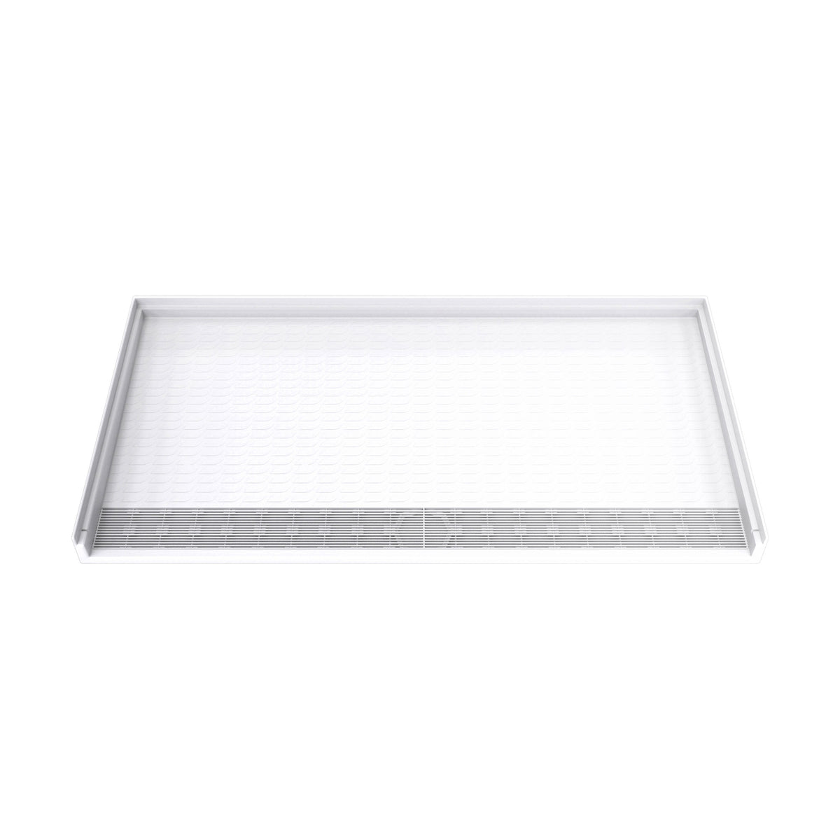 DreamStone barrier-free trench drain solid surface shower base pan 62 inch wide by 33 inch deep in White with front drain