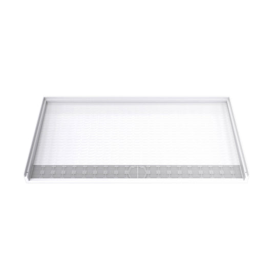 DreamStone barrier-free trench drain solid surface shower base pan 62 inch wide by 33 inch deep in White with front drain