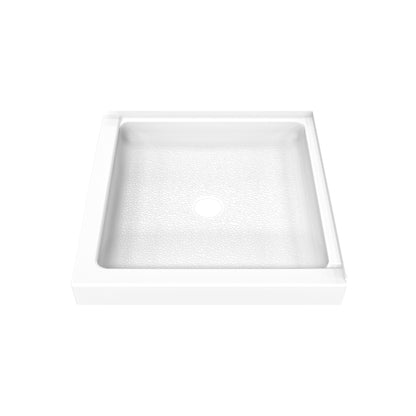 DreamStone double threshold corner solid surface shower base pan 36 inch wide by 36 inch deep in White with center drain