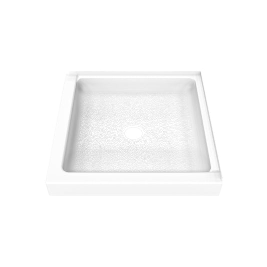 DreamStone double threshold corner solid surface shower base pan 36 inch wide by 36 inch deep in White with center drain