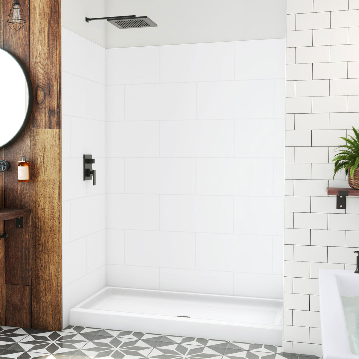 DreamStone modern subway shower wall kit with white solid surface shower base pan installed in a bathroom