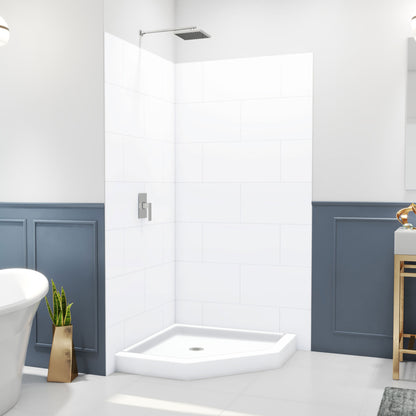 DreamStone modern subway shower wall kit with white solid surface shower base pan installed in a bathroom