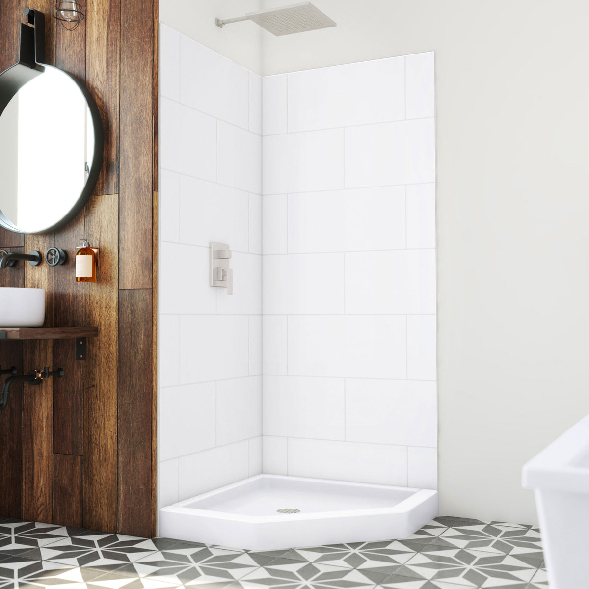 DreamStone modern subway shower wall kit with white solid surface shower base pan installed in a bathroom