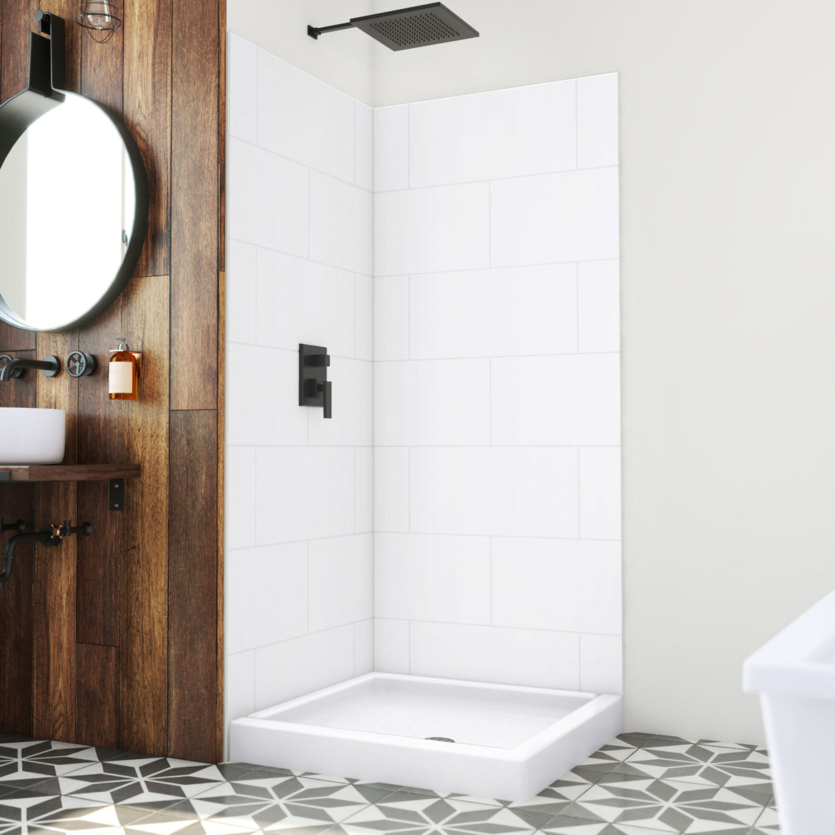 DreamStone modern subway shower wall kit with white solid surface shower base pan installed in a bathroom