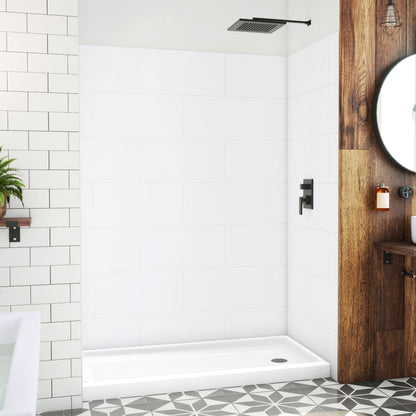 DreamStone modern subway shower wall kit with white solid surface shower base pan installed in a bathroom
