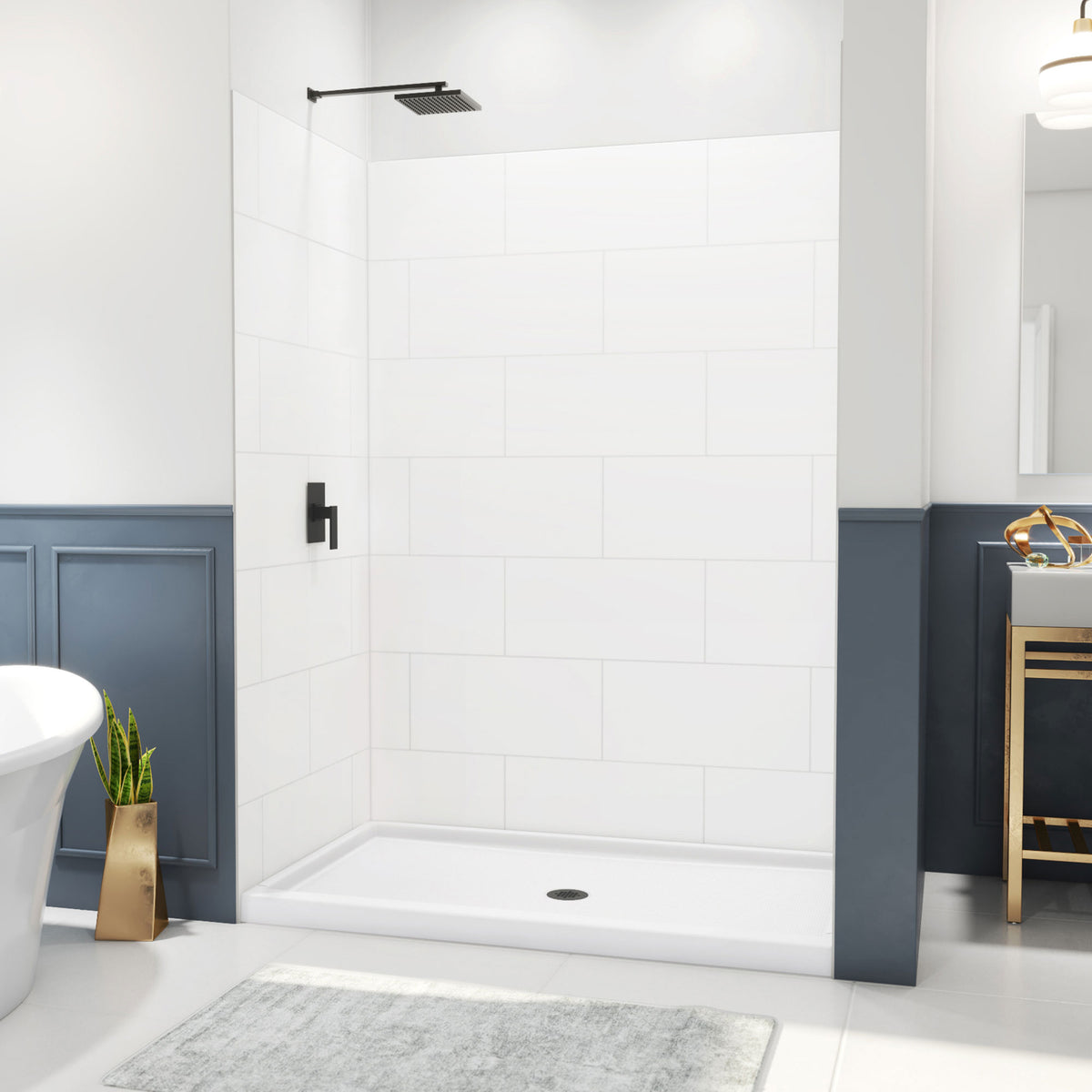 DreamStone modern subway shower wall kit with white solid surface shower base pan installed in a bathroom