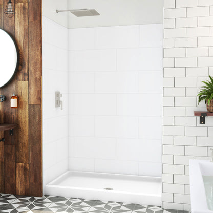 DreamStone modern subway shower wall kit with white solid surface shower base pan installed in a bathroom