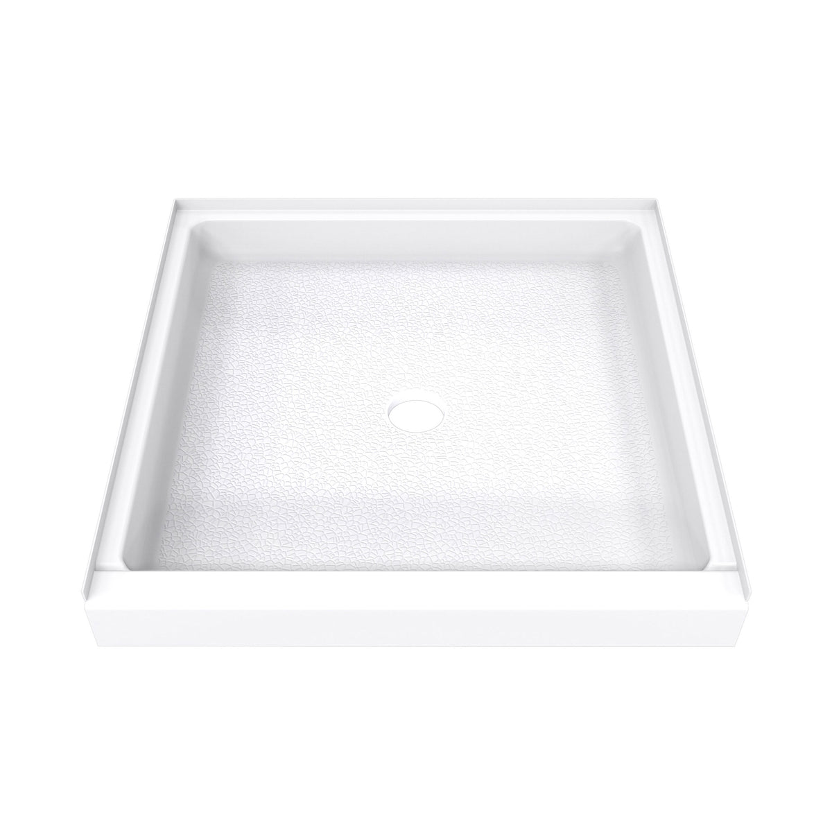 DreamStone single threshold solid surface shower base pan 42 inch wide by 42 inch deep in White with center drain