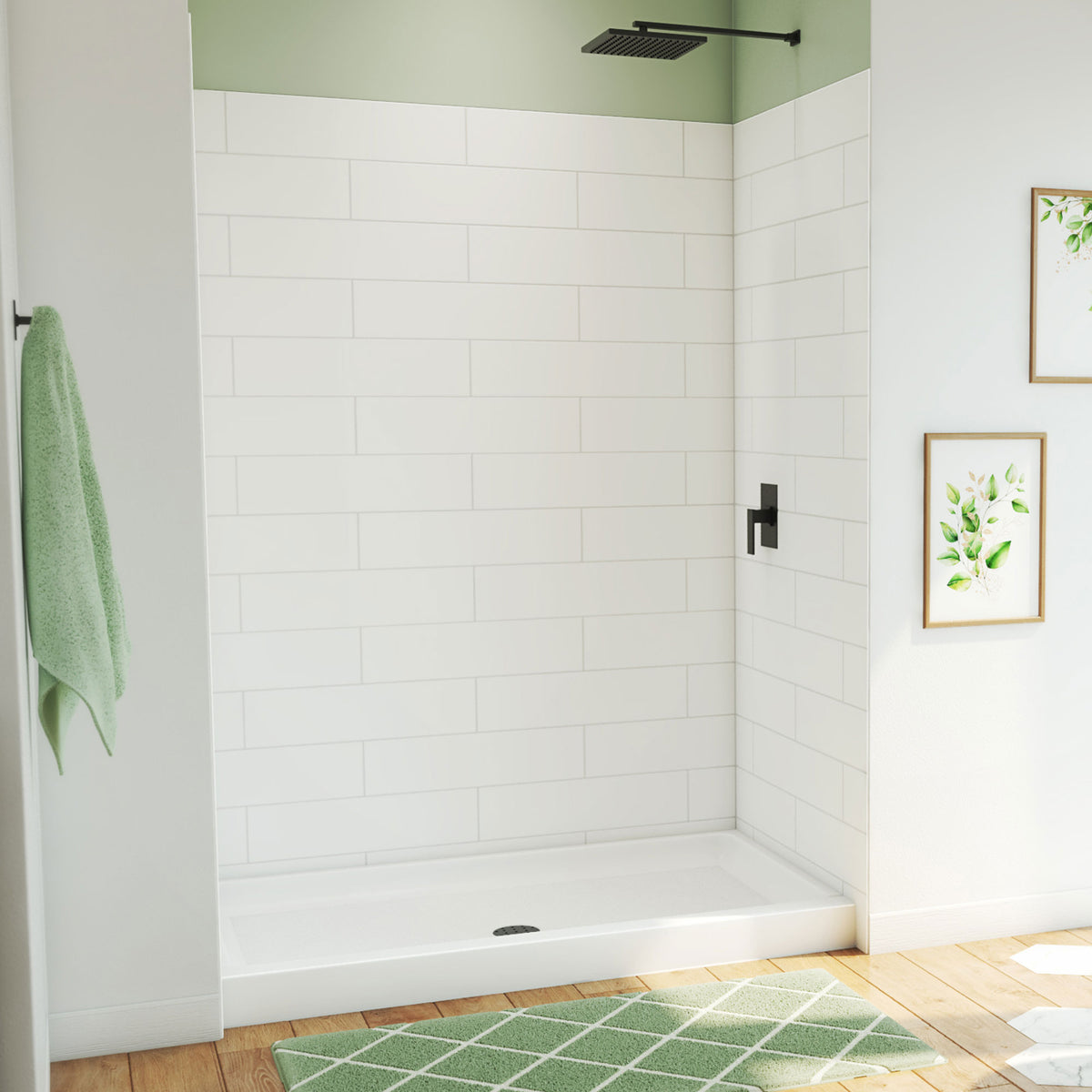DreamStone traditional subway shower wall kit with white solid surface shower base pan installed in a bathroom