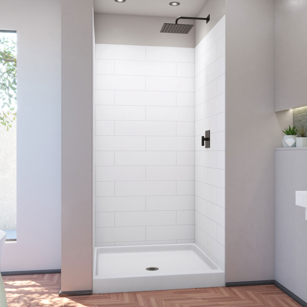 DreamStone traditional subway shower wall kit with white solid surface shower base pan installed in a bathroom