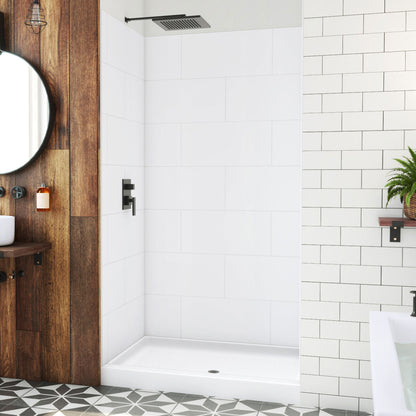 DreamStone traditional subway shower wall kit with white solid surface shower base pan installed in a bathroom