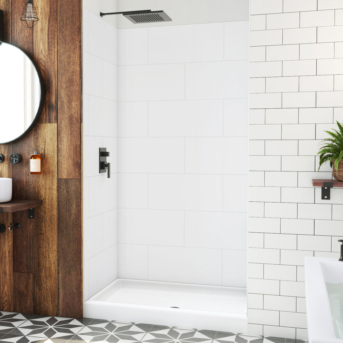 DreamStone traditional subway shower wall kit with white solid surface shower base pan installed in a bathroom
