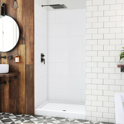 DreamStone traditional subway shower wall kit with white solid surface shower base pan installed in a bathroom