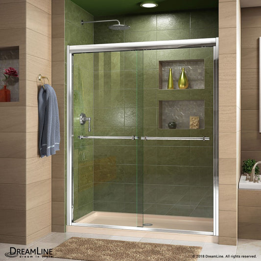 Duet Semi-Frameless Double Sliding Shower Door Kit with Biscuit Shower Base Pan and Center Drain