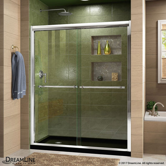 Duet Semi-Frameless Double Sliding Shower Door Kit with Black Shower Base Pan and Left Drain