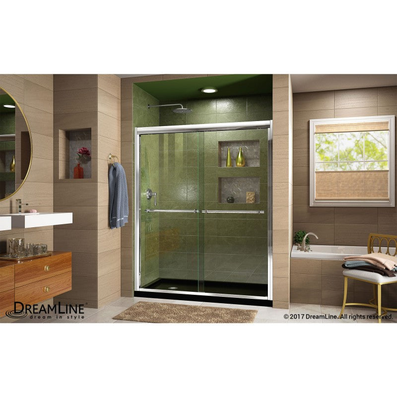Duet Semi-Frameless Double Sliding Shower Door Kit with Black Shower Base Pan and Left Drain