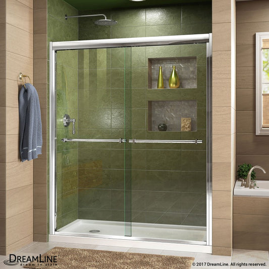Duet Semi-Frameless Double Sliding Shower Door Kit with White Shower Base Pan and Left Drain