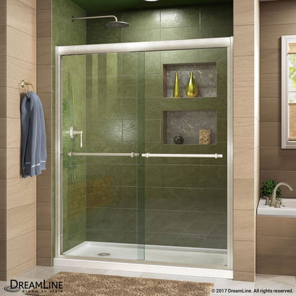 Duet Semi-Frameless Double Sliding Shower Door Kit with White Shower Base Pan and Left Drain