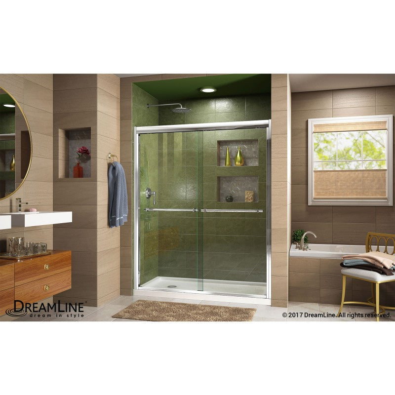 Duet Semi-Frameless Double Sliding Shower Door Kit with White Shower Base Pan and Left Drain