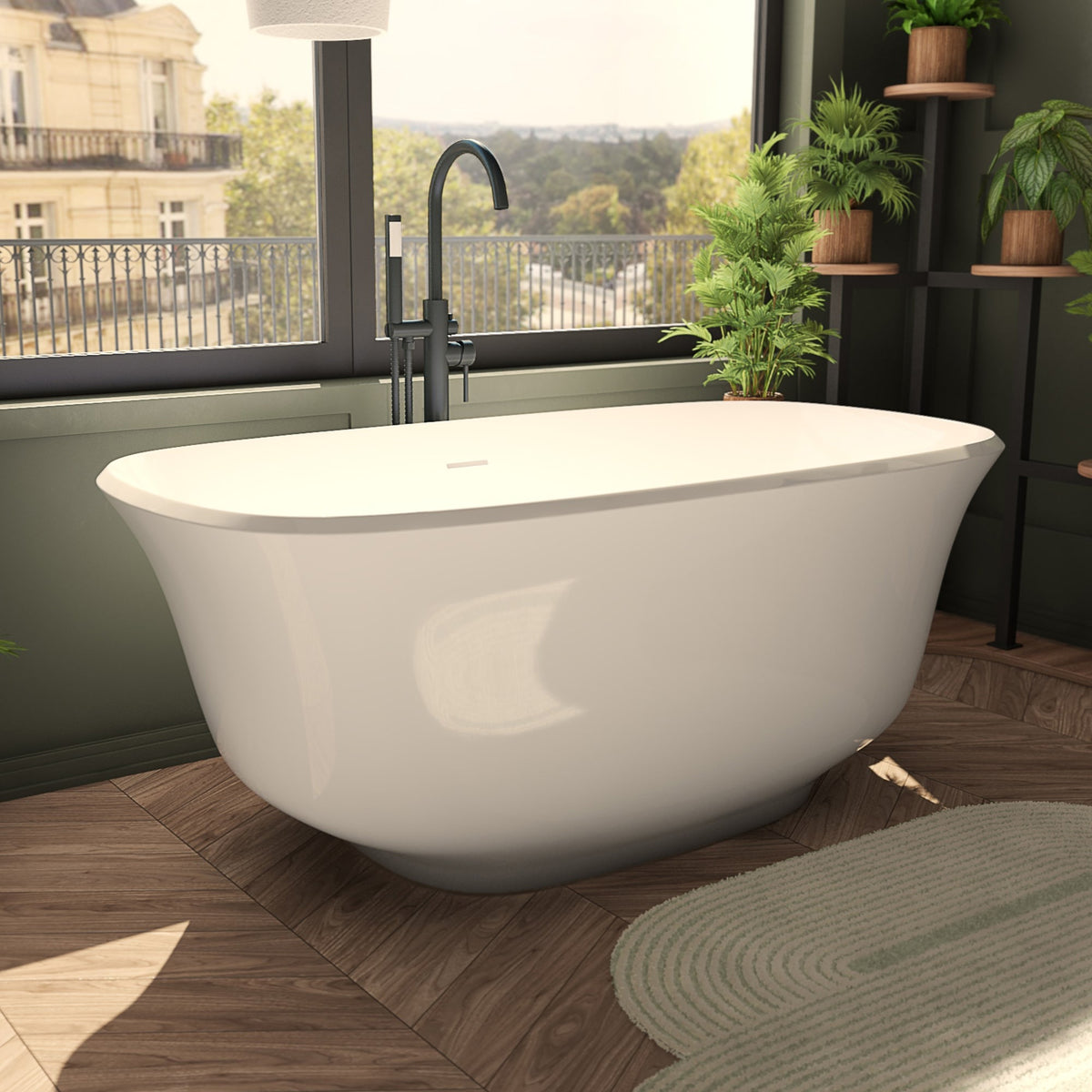 Elegance 67 inch freestanding acrylic bathtub in gloss white with Brushed Brass drain, shown in a styled setting