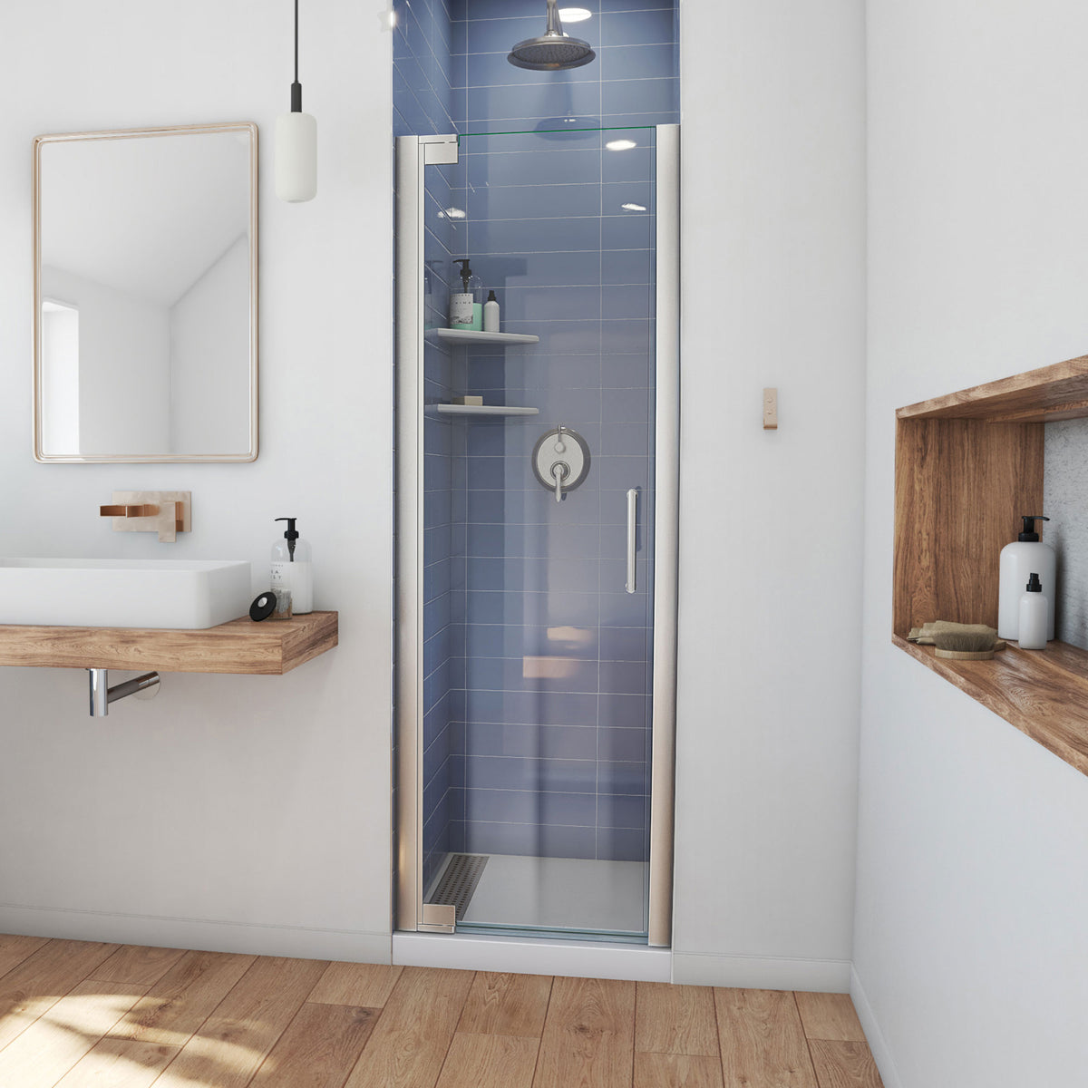Elegance frameless pivot shower door in brushed nickel, single door for 25 to 38 inch openings