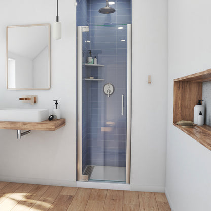 Elegance frameless pivot shower door in brushed nickel, single door for 25 to 38 inch openings
