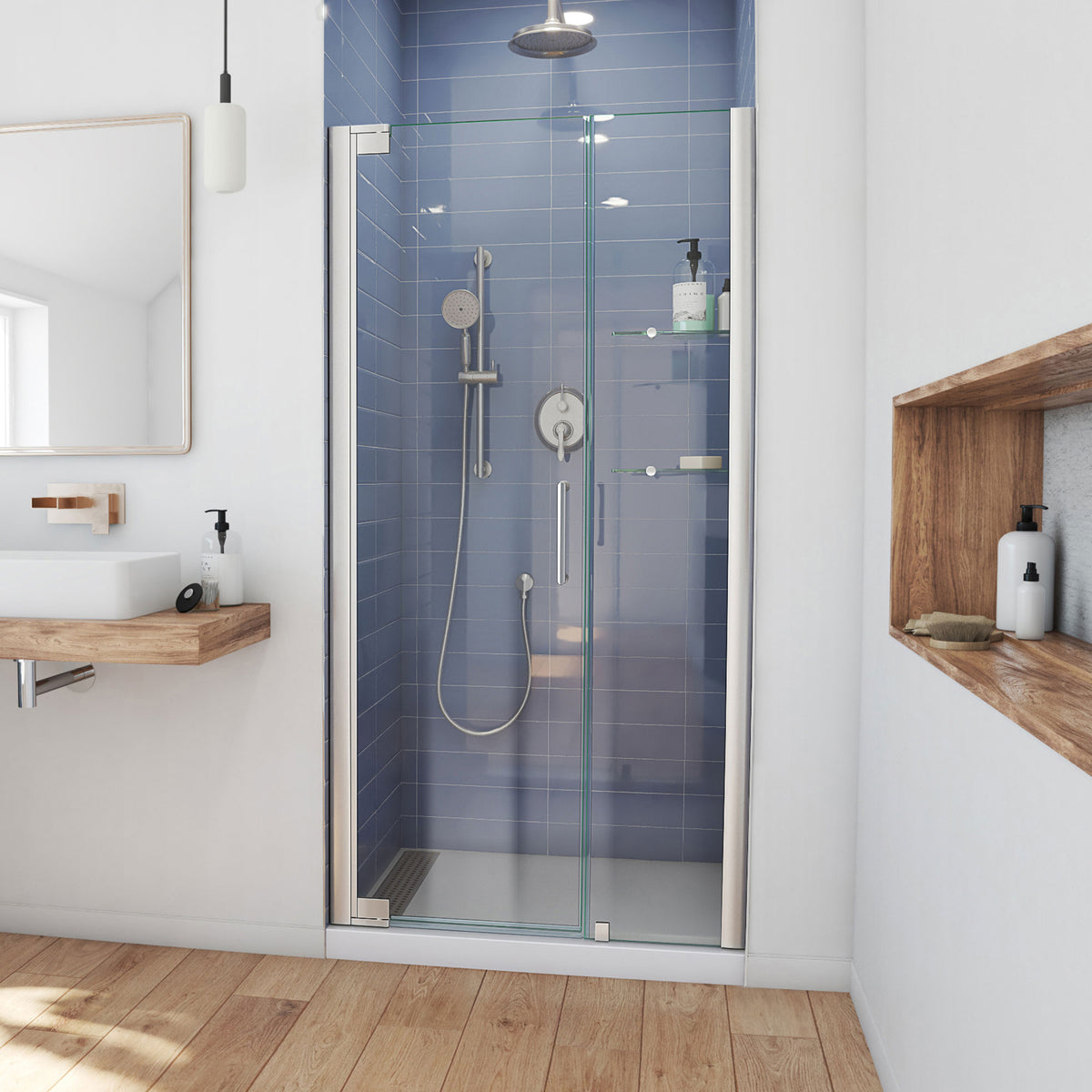 Elegance frameless pivot shower door in brushed nickel with inline panel for 37 to 50 inch openings