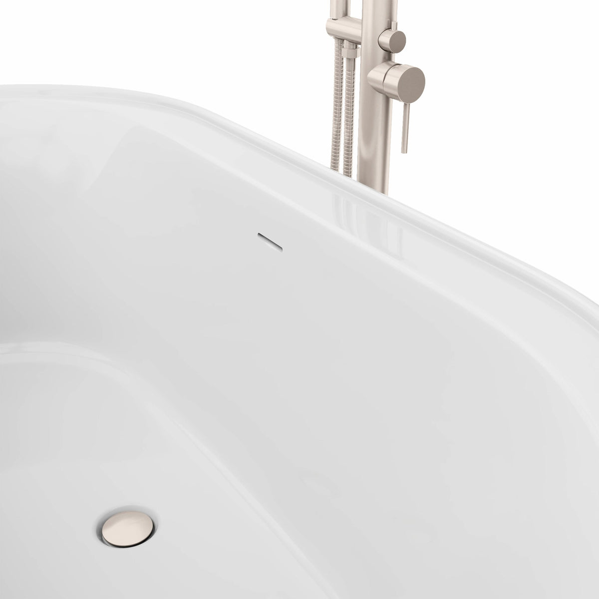 Encore 60 inch freestanding acrylic bathtub in gloss white with Brushed Nickel drain, shown in a styled setting