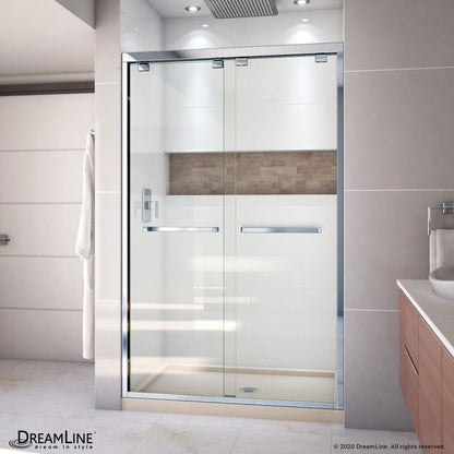 Encore semi-frameless double sliding shower door kit with biscuit shower base pan and center drain