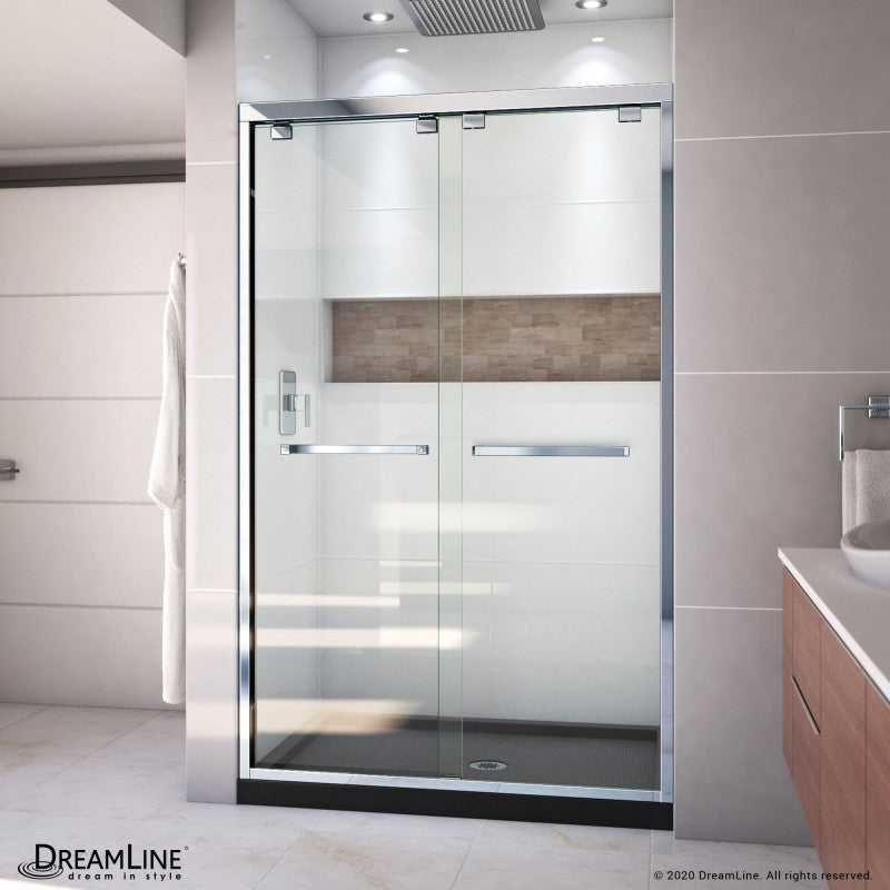 Encore semi-frameless double sliding shower door kit with black shower base pan and center drain