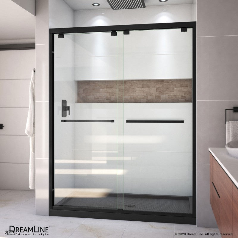 Encore Semi-Frameless Double Sliding Shower Door Kit with Black Shower Base Pan and Center Drain
