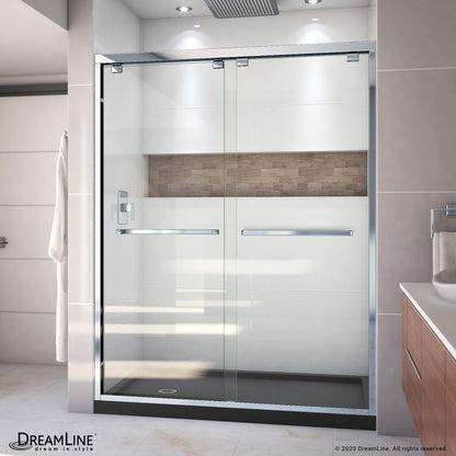 Encore semi-frameless double sliding shower door kit with black shower base pan and left drain