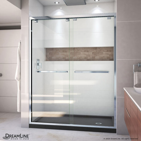 Encore semi-frameless double sliding shower door kit with black shower base pan and right drain