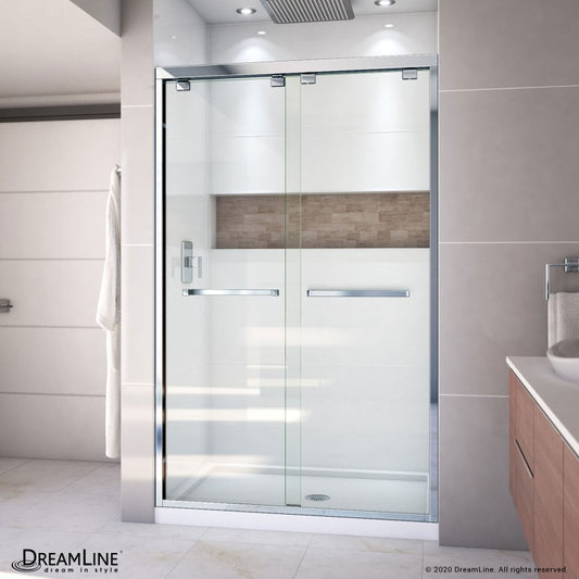 Encore semi-frameless double sliding shower door kit with white shower base pan and center drain