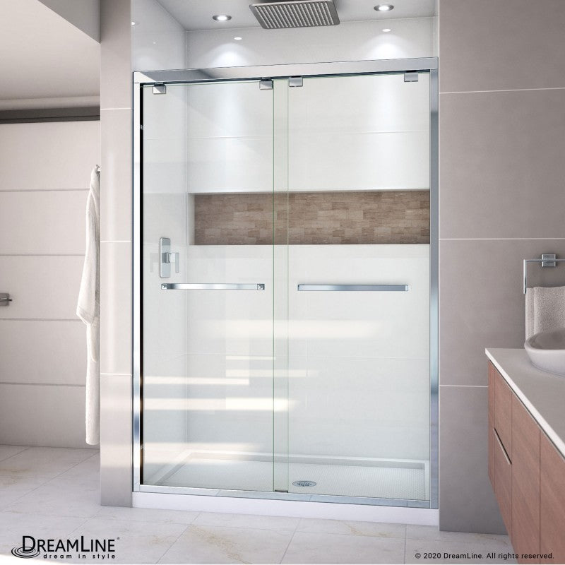 Encore Semi-Frameless Double Sliding Shower Door Kit with White Shower Base Pan and Center Drain
