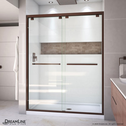 Encore Semi-Frameless Double Sliding Shower Door Kit with White Shower Base Pan and Center Drain