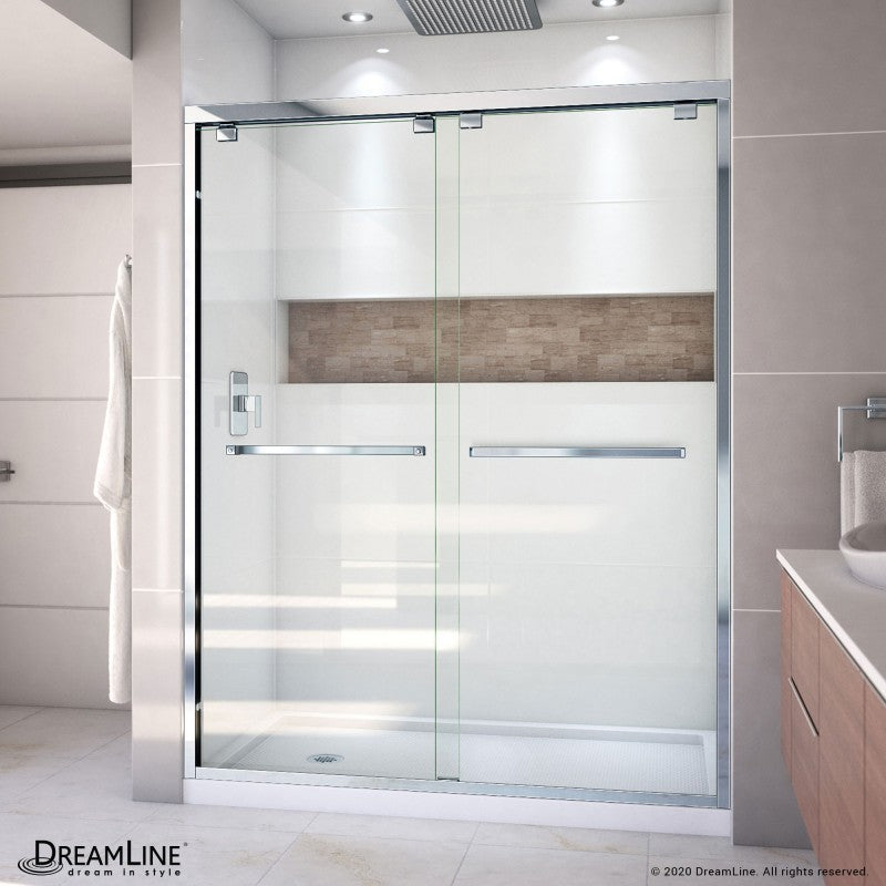 Encore semi-frameless double sliding shower door kit with white shower base pan and left drain