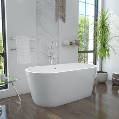Enigma 63 inch freestanding acrylic bathtub in gloss white with Brushed Nickel drain, shown in a styled setting