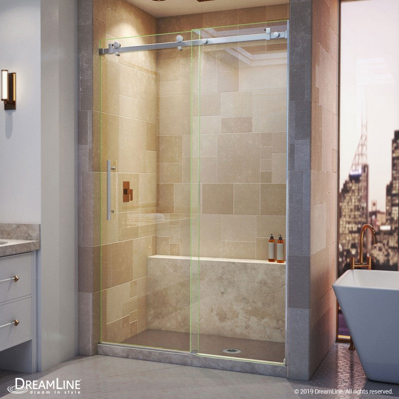Enigma Air frameless single sliding shower door in 3/8 inch clear tempered glass