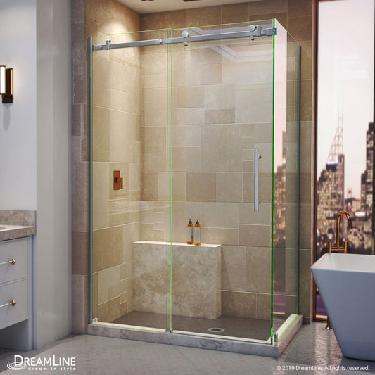 Enigma Air frameless single sliding shower door with return panel for corner enclosure