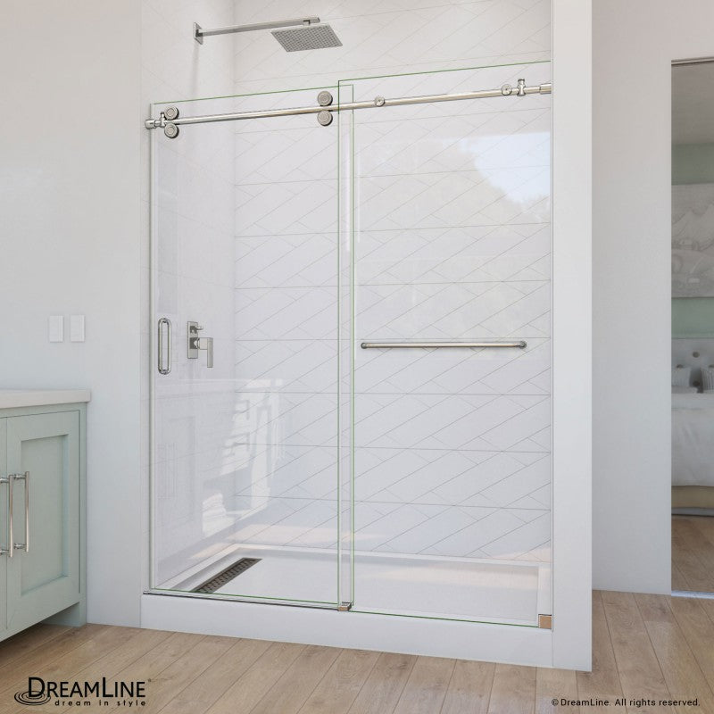 Enigma-CXO frameless single sliding shower door with towel bar, 3/8 inch tempered glass