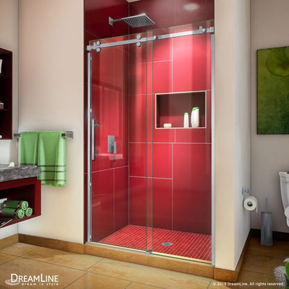 Enigma Sky frameless single sliding shower door in 3/8 inch clear tempered glass