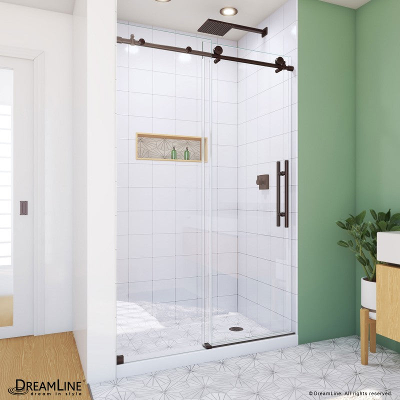 Enigma-X frameless single sliding shower door with double sided handle, 3/8 inch tempered glass