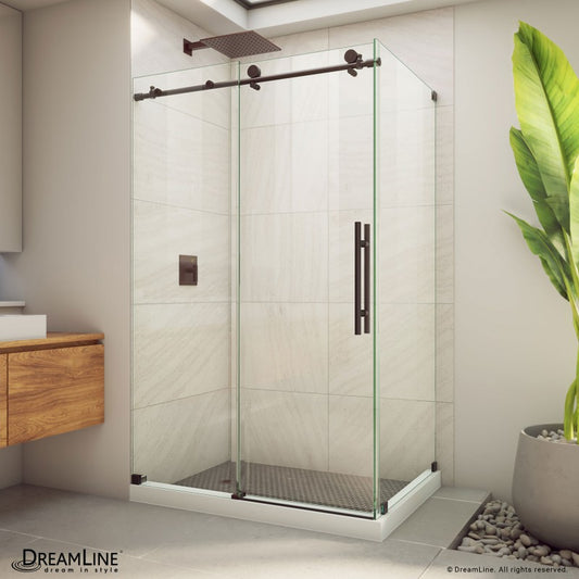 Enigma-X frameless single sliding shower door with corner return panel and double sided handle