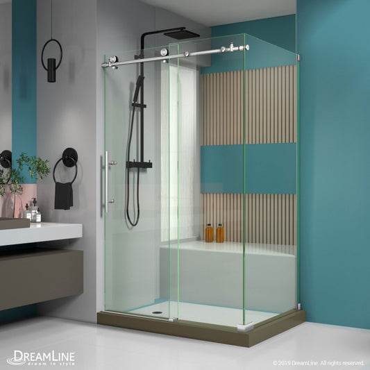 Enigma-X frameless single sliding shower door with corner return panel and single sided handle